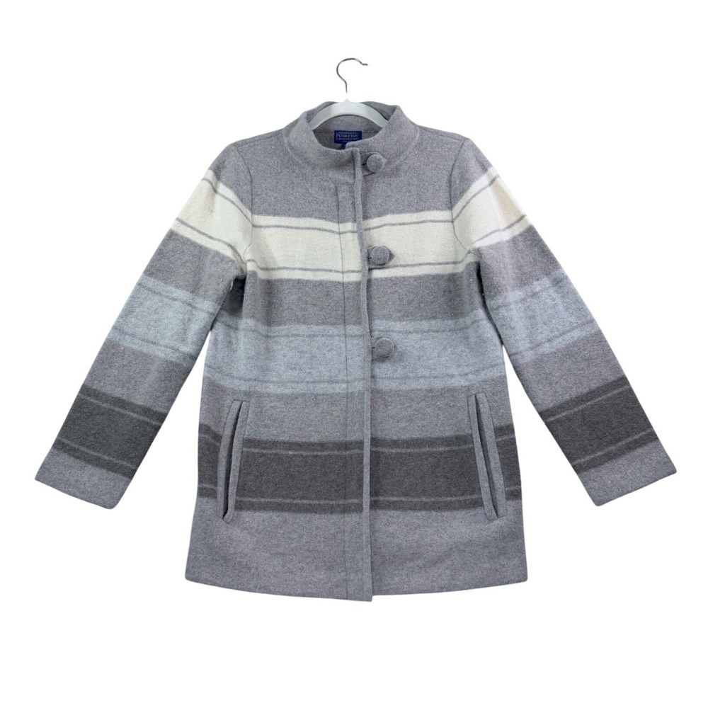 Womens MP Pendleton Coat Lambswool Grey Striped Mock Neck Classic Preppy Jacket